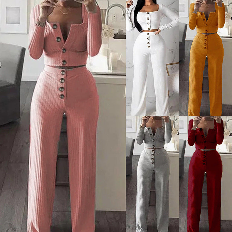 women's fashion solid color polyester rib fabrics patchwork pants sets