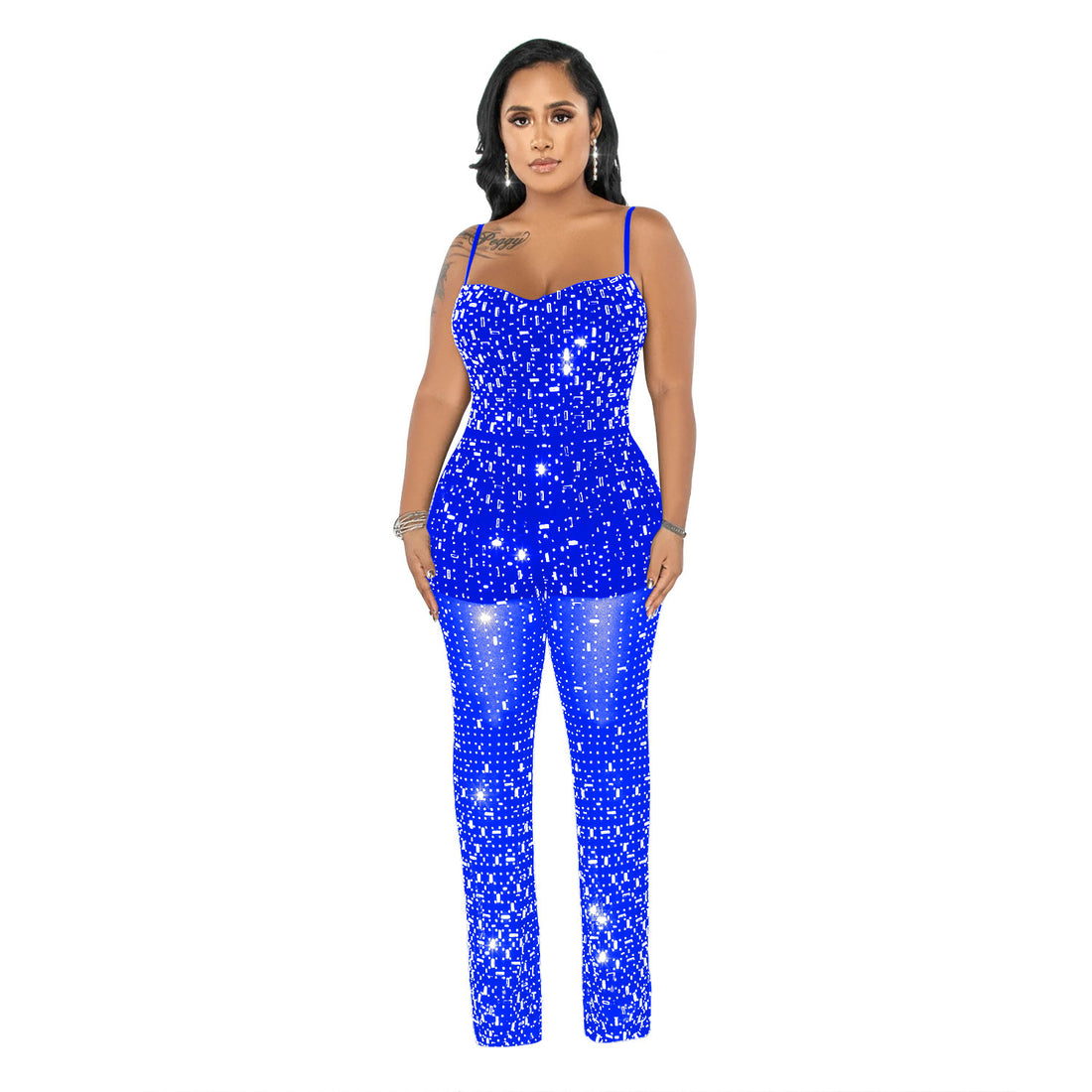 Women's Wear Rhinestone Mesh Camisole Sleeveless Trousers Jumpsuit