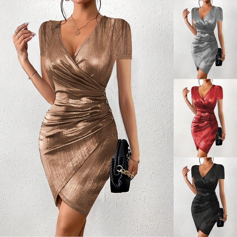 Women's Party Dress Elegant Sexy V Neck Button Short Sleeve Solid Color Above Knee Banquet Cocktail Party