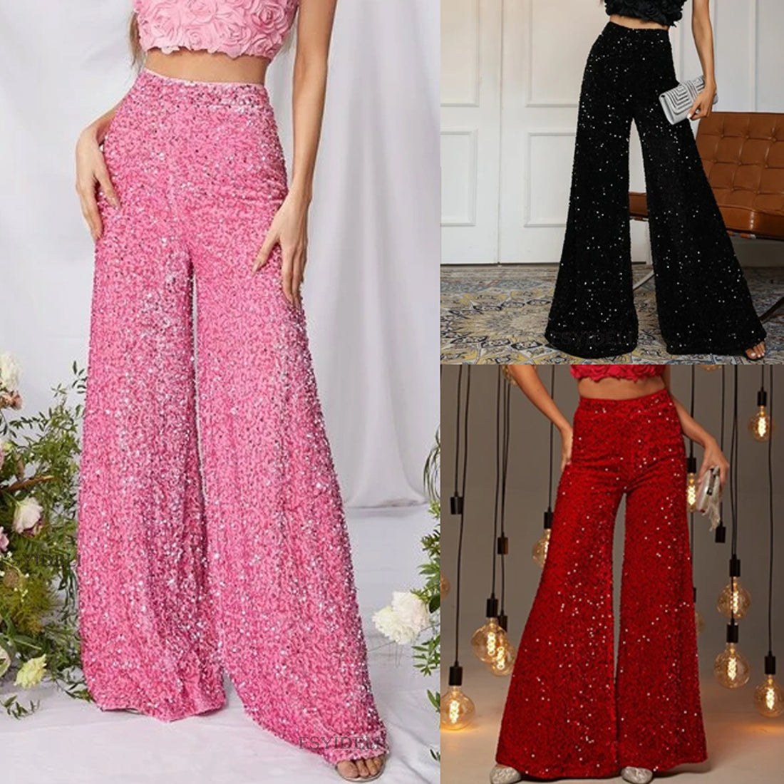 women's party street fashion solid color full length sequins wide leg pants