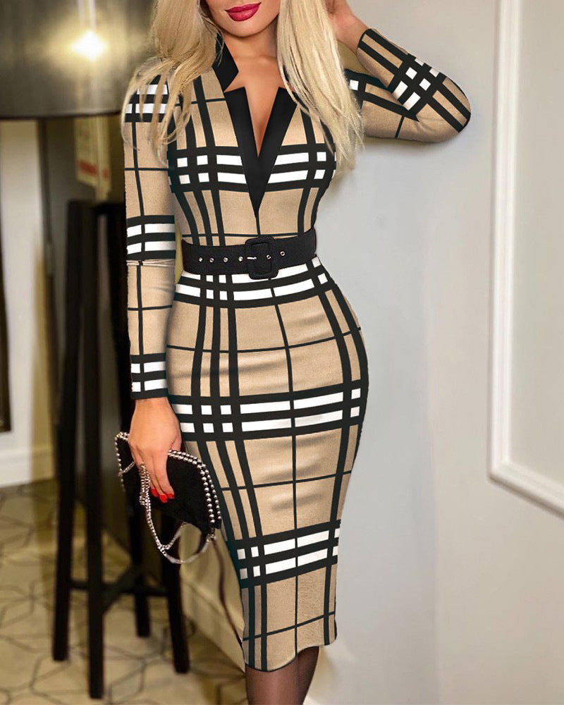 women's pencil skirt sexy v neck printing contrast binding long sleeve geometric midi dress street