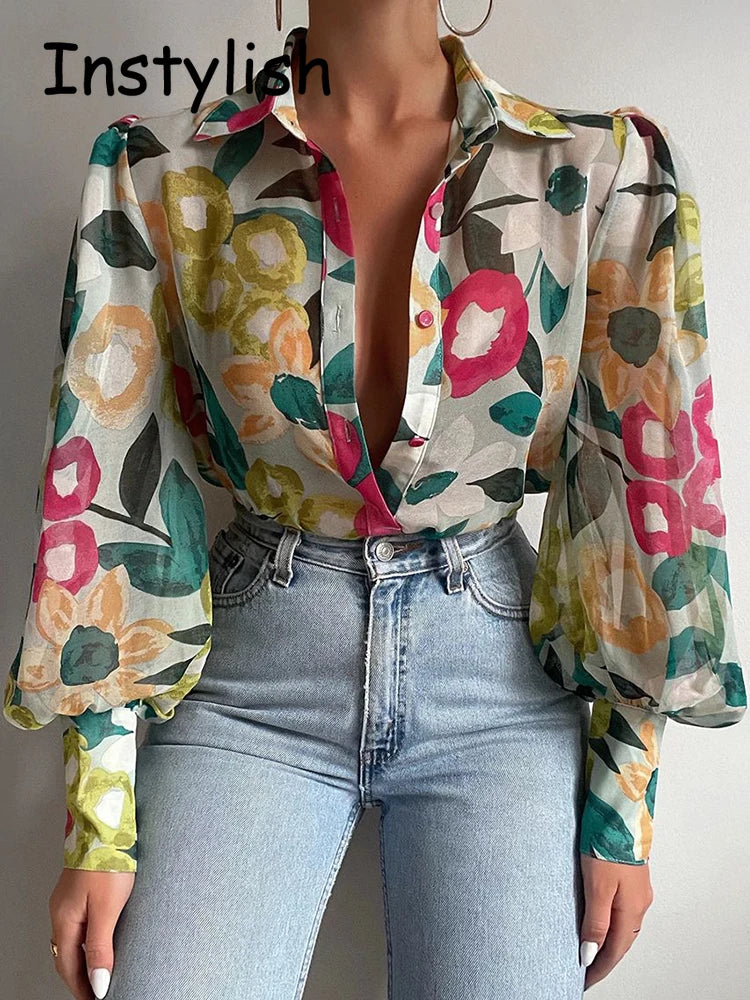 Women Elegant Floral Print Puff Long Sleeve V Neck Blouse Spring Summer Office Button Luxury Shirt Vintage Oversized Tops Tunics