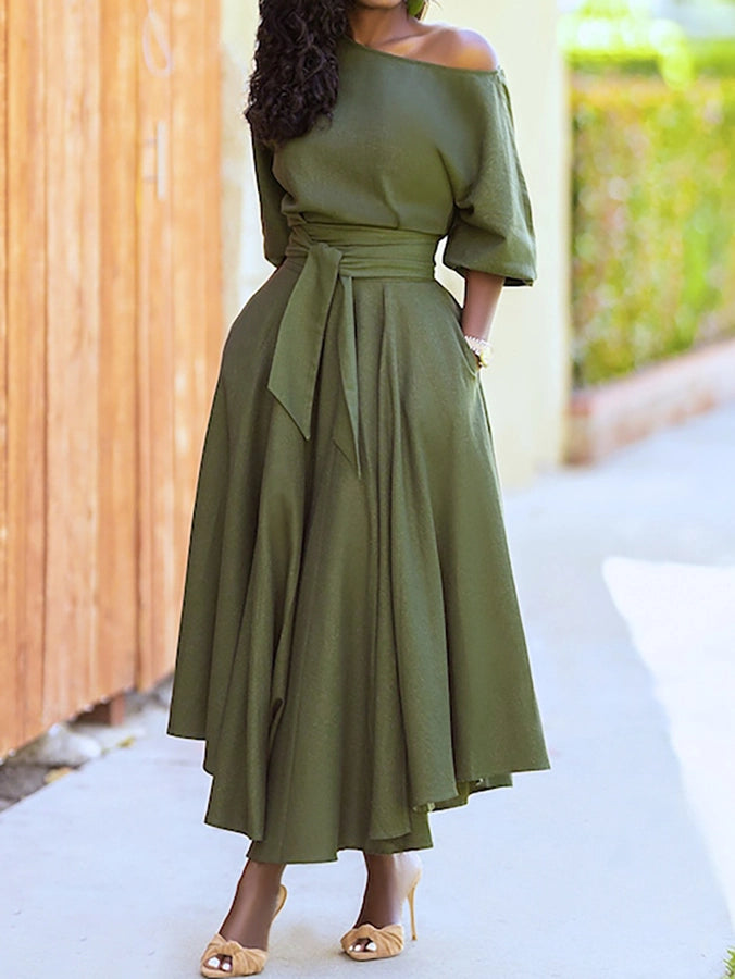 women's regular dress casual collarless short sleeve solid color midi dress daily