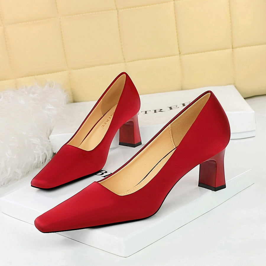 6186-2 Korean style fashionable  simple pedicure high heel chunky heel low-cut square toe satin women's shoes high heels single-layer shoes