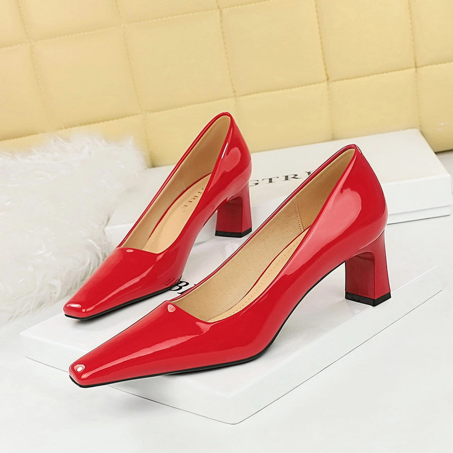 6186-1  style fashionable simple high heel chunky heel shallow mouth square toe glossy patent leather commuter  women's shoes single-layer shoes