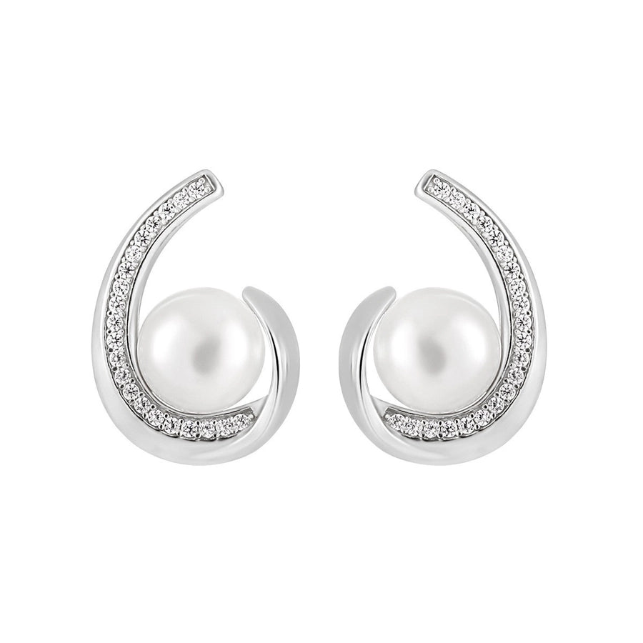 1 Pair 18K Gold Plated White Gold Plated 925 Sterling Silver Freshwater Pearl Zircon Geometric Ear Studs