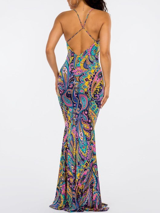 Paisley Cross Back Wrap Maxi Dress